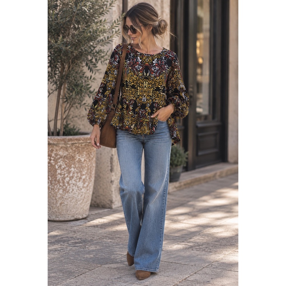 Banana Republic Paisley Peplum Blouse Black Mustard Red S